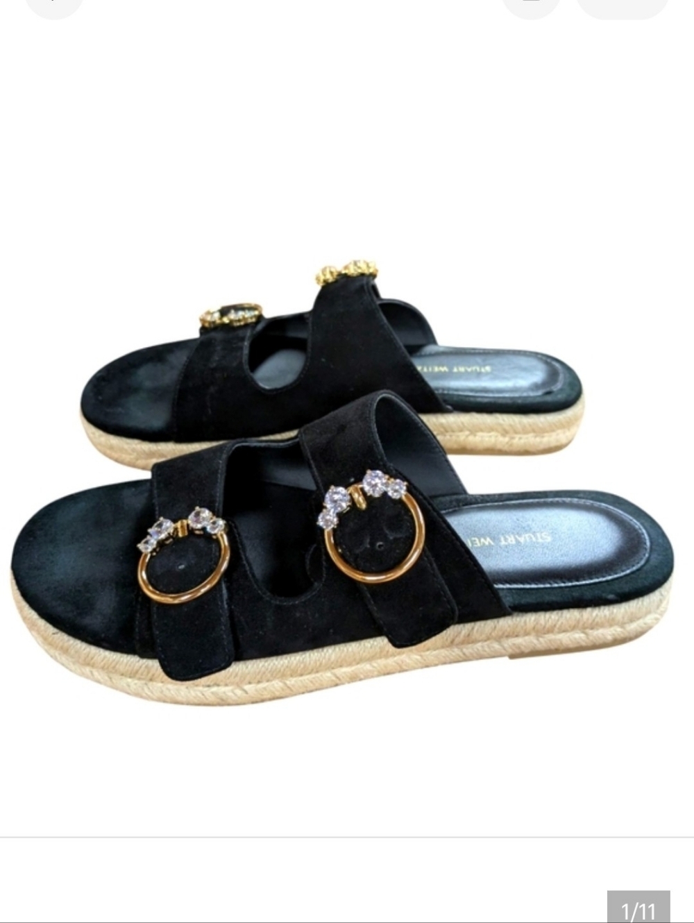 Stuart Weitzman Crystal Ring Espadrille Flats Black Size 38.5 - Picture 1 of 11